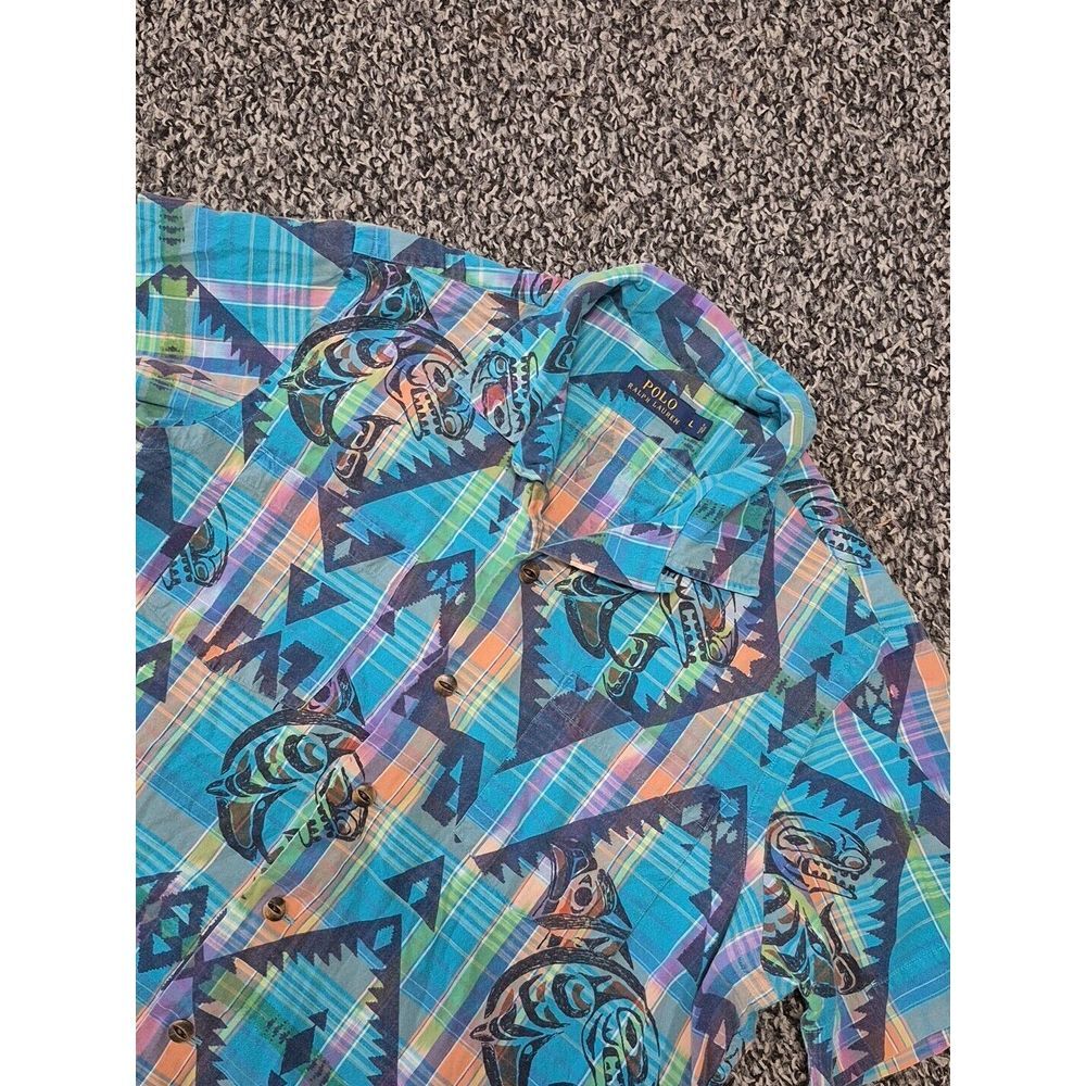 Polo Ralph Lauren Camp Shirt Mens Large Blue Aztec Tribal Fish Hawaiian SS